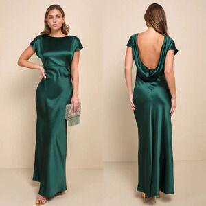 Lulus Captivating Presence Forest Green Satin Cowl Back Maxi Dress Wedding Party